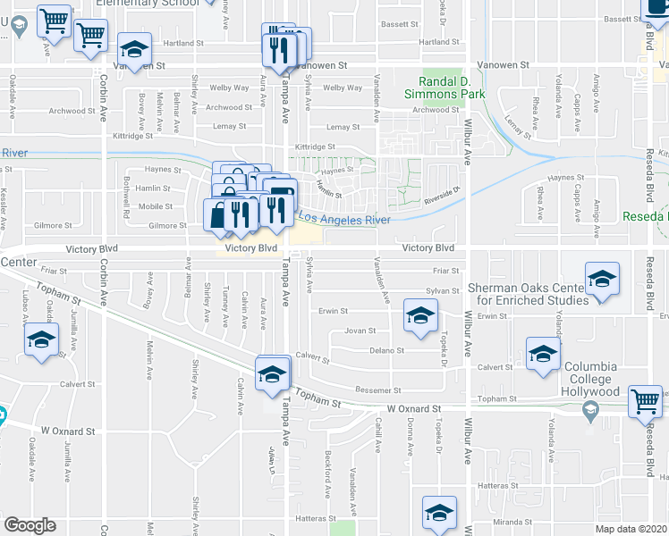 map of restaurants, bars, coffee shops, grocery stores, and more near 19150 Victory Boulevard in Los Angeles