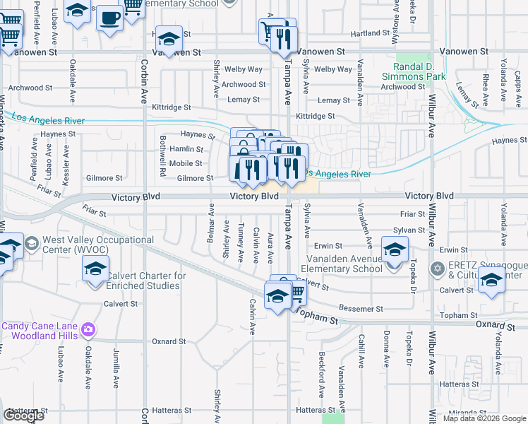 map of restaurants, bars, coffee shops, grocery stores, and more near 19352 Victory Boulevard in Los Angeles