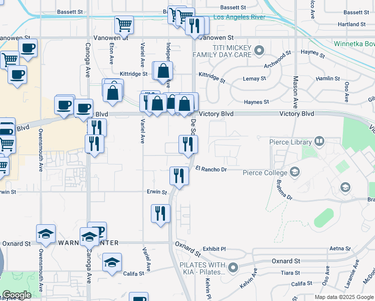 map of restaurants, bars, coffee shops, grocery stores, and more near 6355 De Soto Avenue in Los Angeles