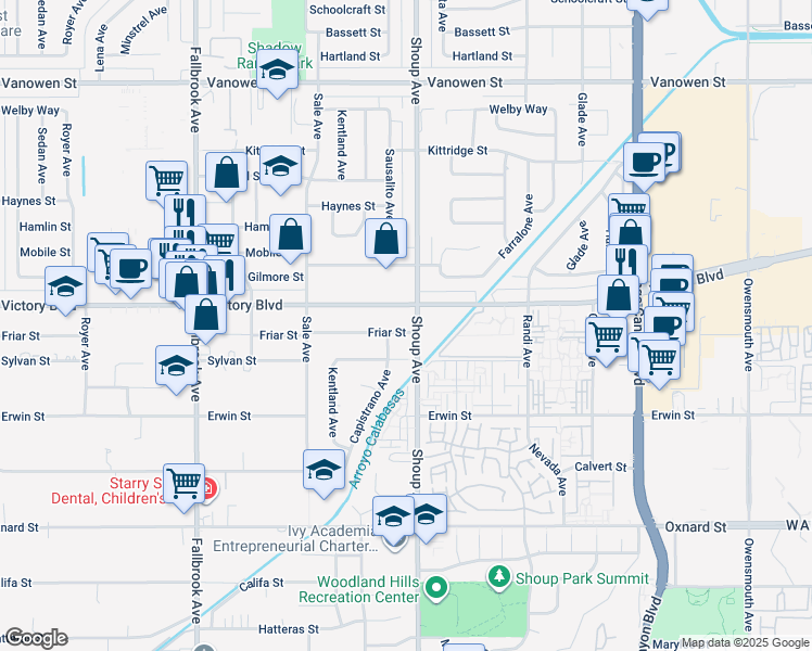 map of restaurants, bars, coffee shops, grocery stores, and more near 22416 Victory Boulevard in Los Angeles