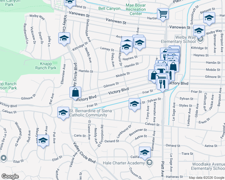 map of restaurants, bars, coffee shops, grocery stores, and more near 24047 Gilmore Street in Los Angeles