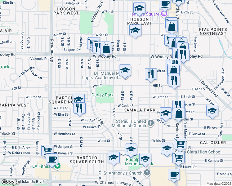 map of restaurants, bars, coffee shops, grocery stores, and more near 1313 South F Street in Oxnard
