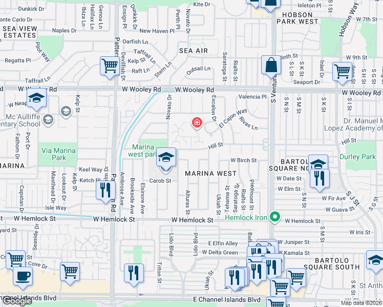 map of restaurants, bars, coffee shops, grocery stores, and more near 1315 Alturas Street in Oxnard