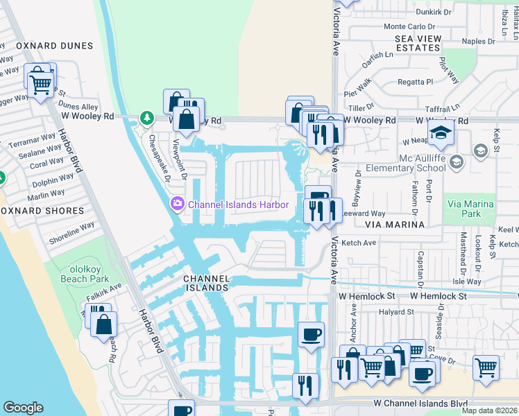 map of restaurants, bars, coffee shops, grocery stores, and more near 1463 Caspian Way in Oxnard