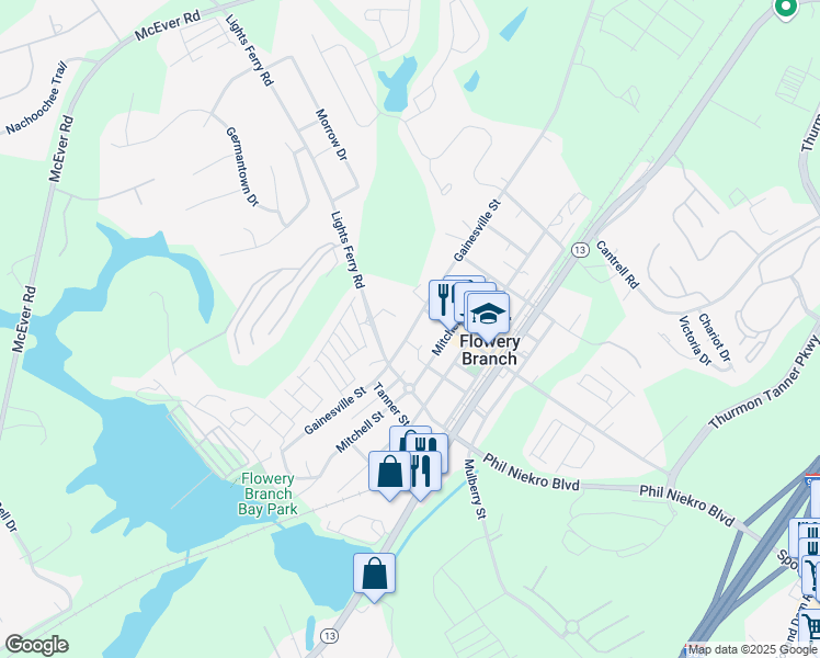 map of restaurants, bars, coffee shops, grocery stores, and more near 5812 Gainesville Street in Flowery Branch