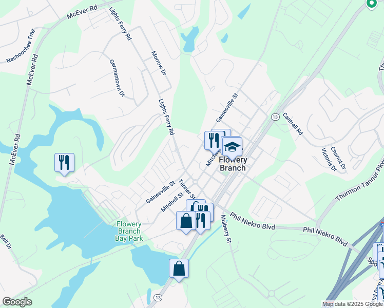 map of restaurants, bars, coffee shops, grocery stores, and more near 5816 Gainesville Street in Flowery Branch