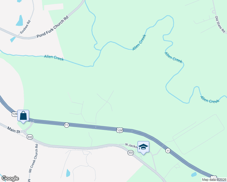 map of restaurants, bars, coffee shops, grocery stores, and more near 334 Allen Bridge Road in Pendergrass