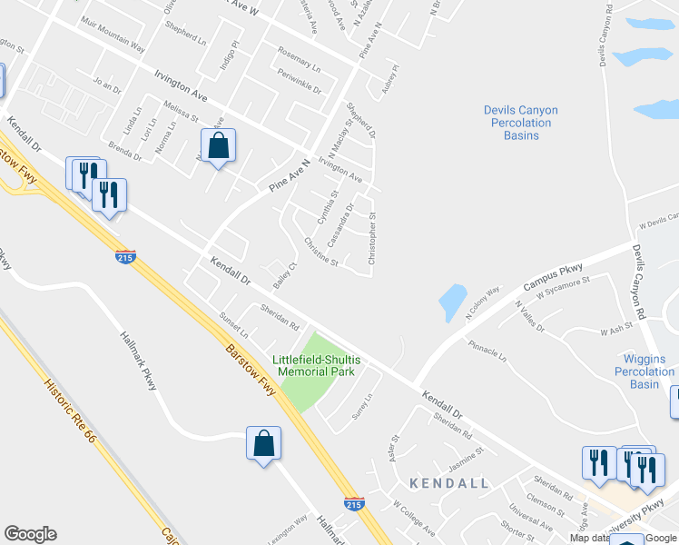 map of restaurants, bars, coffee shops, grocery stores, and more near 2449 Christine Street in San Bernardino