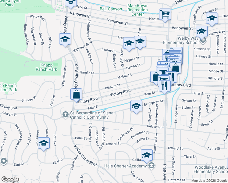 map of restaurants, bars, coffee shops, grocery stores, and more near 24047 Gilmore Street in Los Angeles