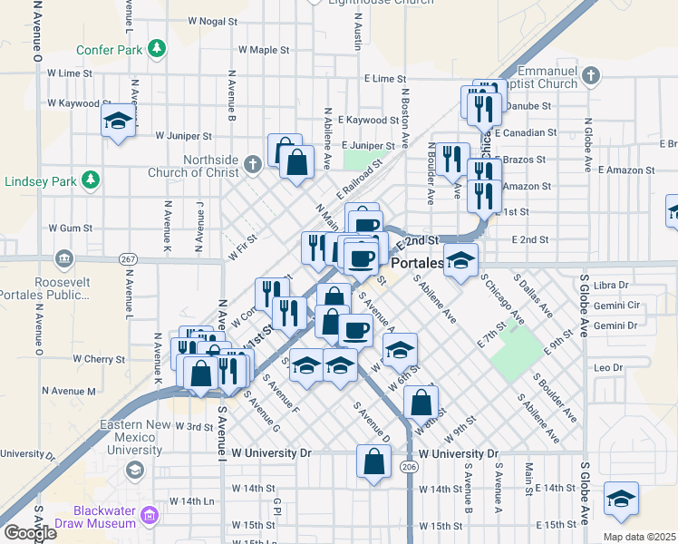 map of restaurants, bars, coffee shops, grocery stores, and more near 100 South Avenue A in Portales
