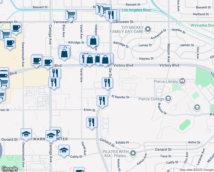 map of restaurants, bars, coffee shops, grocery stores, and more near 6355 De Soto Avenue in Los Angeles