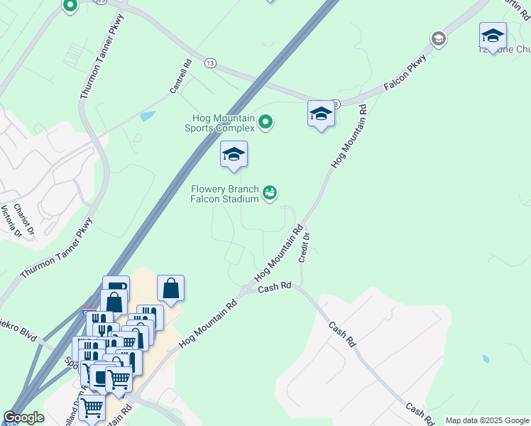 map of restaurants, bars, coffee shops, grocery stores, and more near 4450 Hog Mountain Road in Flowery Branch