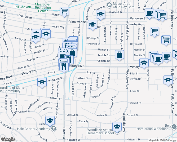 map of restaurants, bars, coffee shops, grocery stores, and more near 23451 Friar Street in Los Angeles