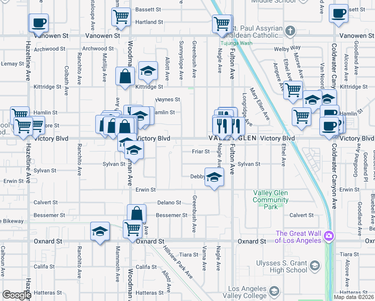 map of restaurants, bars, coffee shops, grocery stores, and more near 13464 Victory Boulevard in Los Angeles