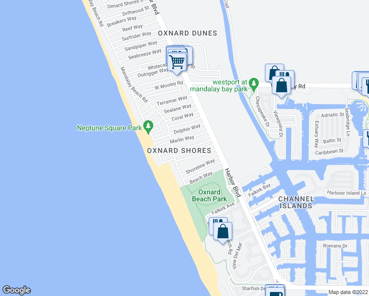 map of restaurants, bars, coffee shops, grocery stores, and more near Corbina Way in Oxnard