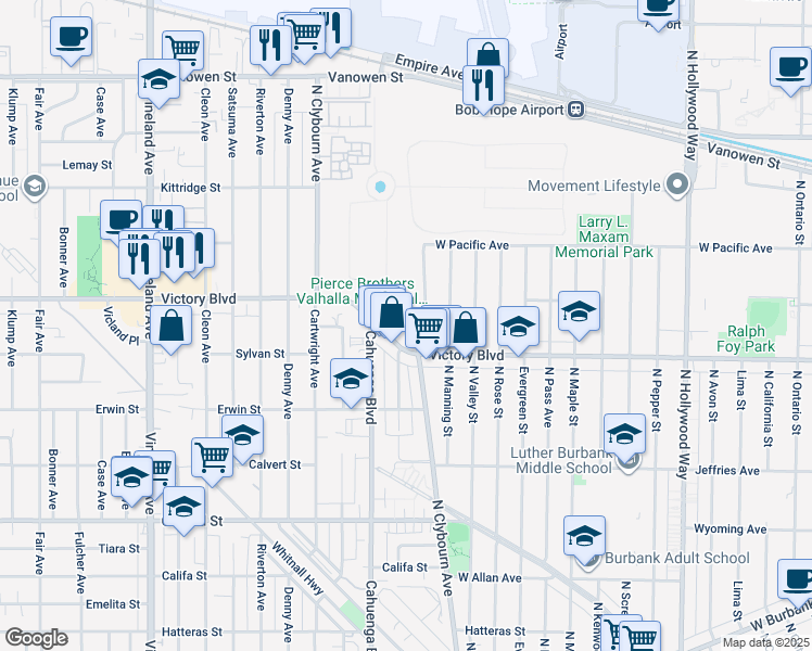 map of restaurants, bars, coffee shops, grocery stores, and more near 6329 North Clybourn Avenue in Los Angeles