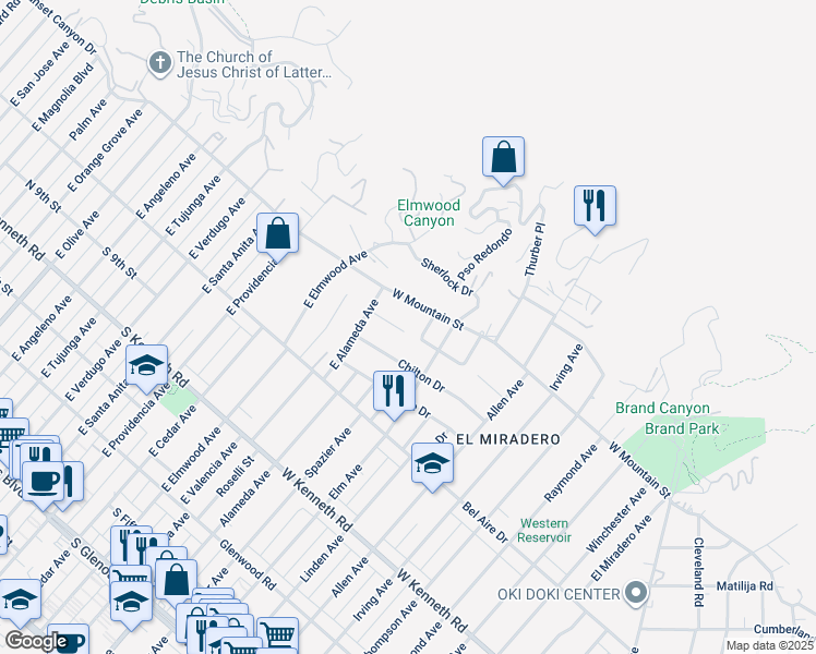 map of restaurants, bars, coffee shops, grocery stores, and more near 2049 Watson Street in Glendale