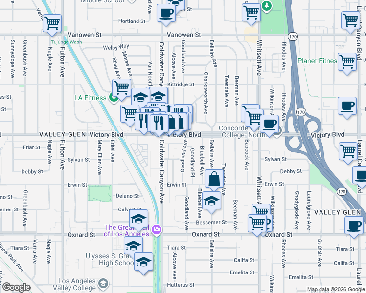map of restaurants, bars, coffee shops, grocery stores, and more near 12764 Victory Boulevard in Los Angeles