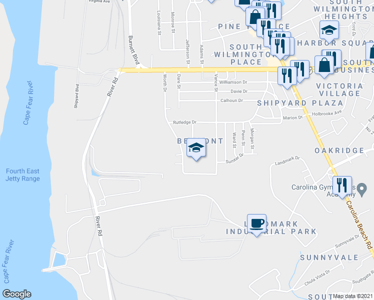 map of restaurants, bars, coffee shops, grocery stores, and more near 2845 Worth Drive in Wilmington