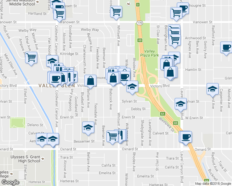 map of restaurants, bars, coffee shops, grocery stores, and more near 6335 Whitsett Avenue in Los Angeles
