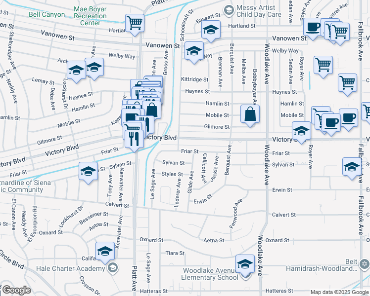 map of restaurants, bars, coffee shops, grocery stores, and more near 23451 Friar Street in Los Angeles