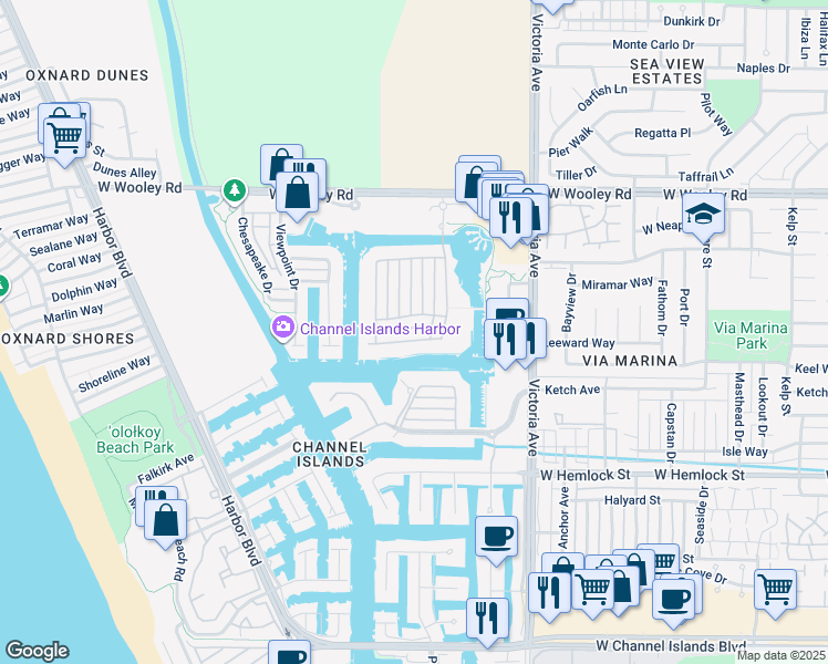 map of restaurants, bars, coffee shops, grocery stores, and more near 1463 Caspian Way in Oxnard