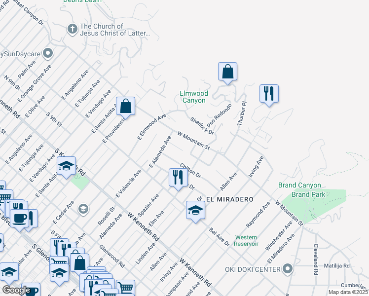 map of restaurants, bars, coffee shops, grocery stores, and more near 2049 Watson Street in Glendale