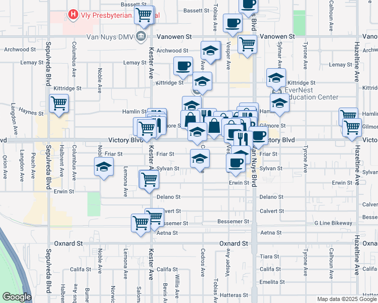 map of restaurants, bars, coffee shops, grocery stores, and more near 14735 Friar Street in Los Angeles