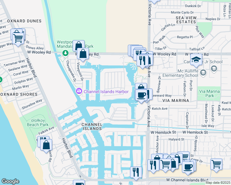 map of restaurants, bars, coffee shops, grocery stores, and more near 4103 Caribbean Street in Oxnard