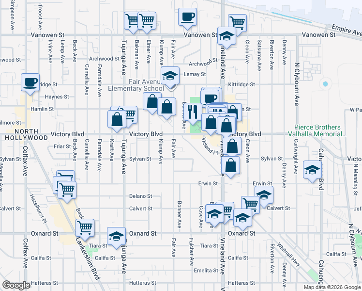 map of restaurants, bars, coffee shops, grocery stores, and more near 11159 Laughlin Lane in Los Angeles