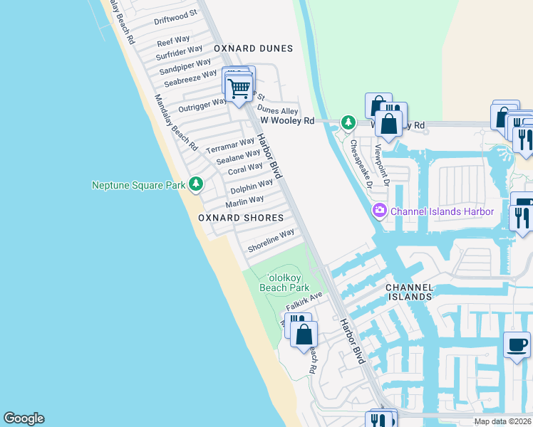map of restaurants, bars, coffee shops, grocery stores, and more near 4907 Island View Street in Oxnard