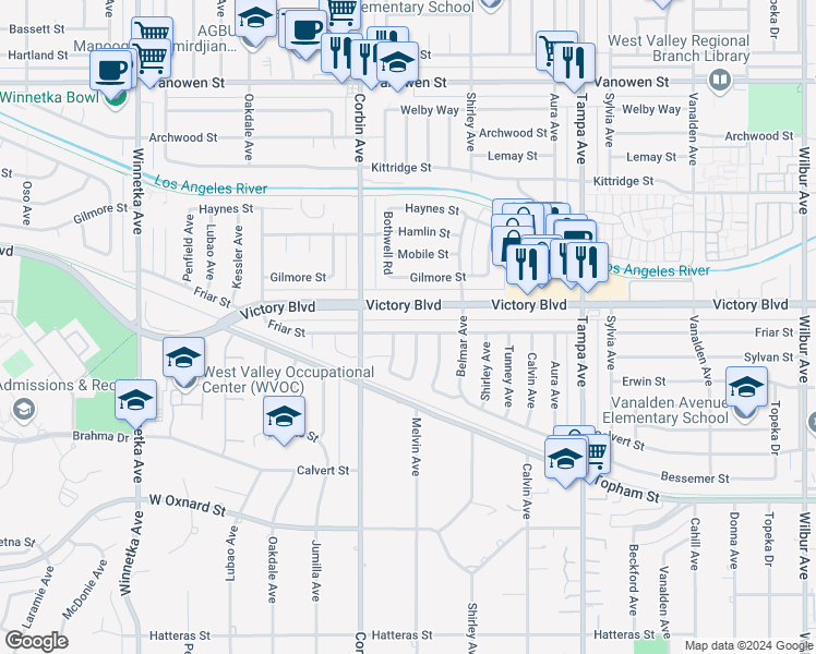 map of restaurants, bars, coffee shops, grocery stores, and more near 19609 Friar Street in Los Angeles