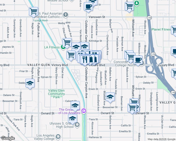 map of restaurants, bars, coffee shops, grocery stores, and more near 12832 Victory Boulevard in Los Angeles