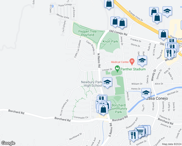 map of restaurants, bars, coffee shops, grocery stores, and more near 686 Martinique Place in Thousand Oaks