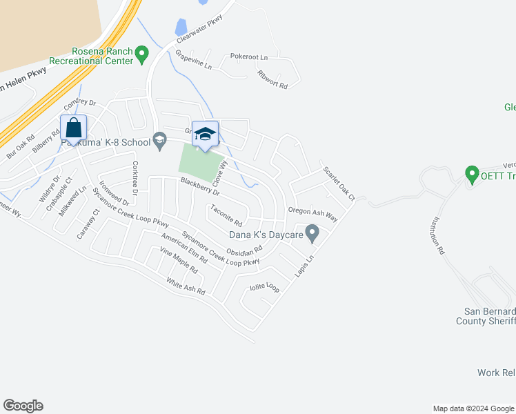 map of restaurants, bars, coffee shops, grocery stores, and more near 4016 Quartzite Lane in San Bernardino