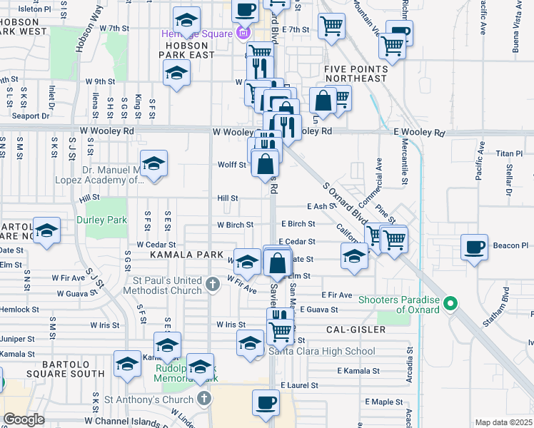 map of restaurants, bars, coffee shops, grocery stores, and more near 1305 Saviers Road in Oxnard