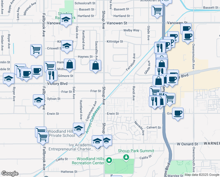 map of restaurants, bars, coffee shops, grocery stores, and more near 22330 Victory Boulevard in Los Angeles