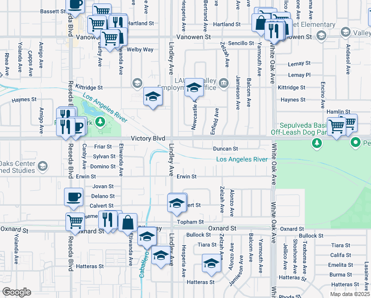 map of restaurants, bars, coffee shops, grocery stores, and more near 18014 Duncan Street in Los Angeles