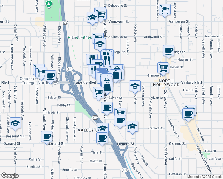 map of restaurants, bars, coffee shops, grocery stores, and more near 12020 Victory Boulevard in Los Angeles