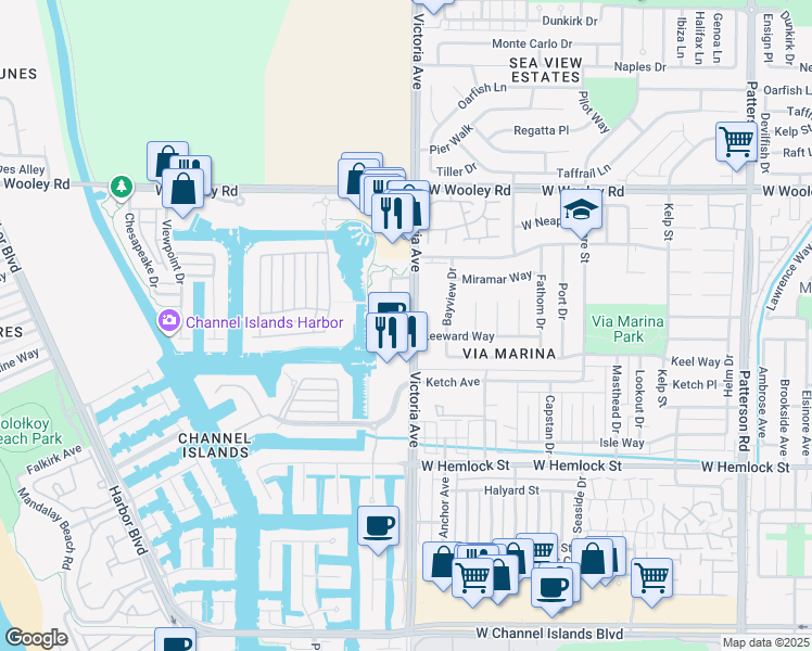map of restaurants, bars, coffee shops, grocery stores, and more near 1544 Windshore Way in Oxnard