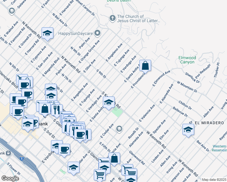 map of restaurants, bars, coffee shops, grocery stores, and more near 825 East Santa Anita Avenue in Burbank