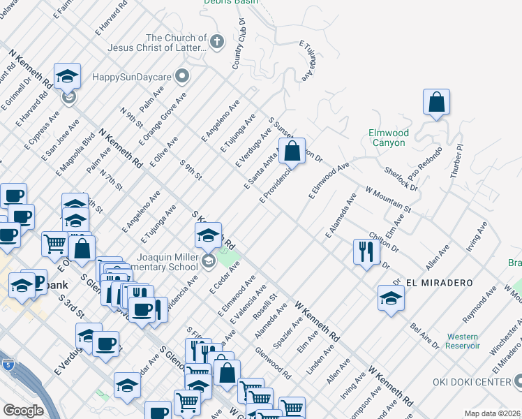 map of restaurants, bars, coffee shops, grocery stores, and more near 922 East Providencia Avenue in Burbank