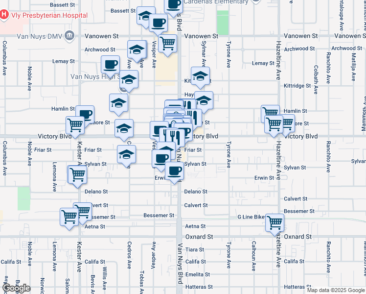 map of restaurants, bars, coffee shops, grocery stores, and more near in Los Angeles