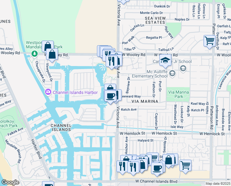 map of restaurants, bars, coffee shops, grocery stores, and more near 1544 Windshore Way in Oxnard