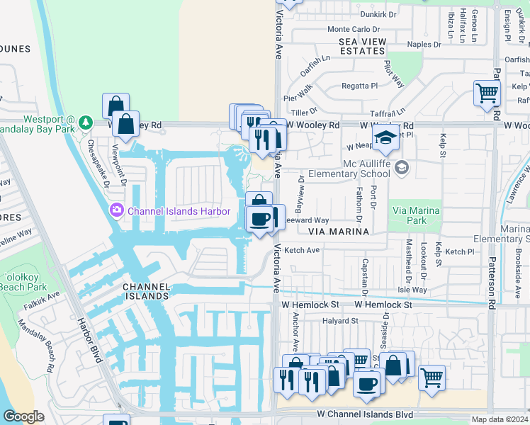 map of restaurants, bars, coffee shops, grocery stores, and more near 1558 Windshore Way in Oxnard