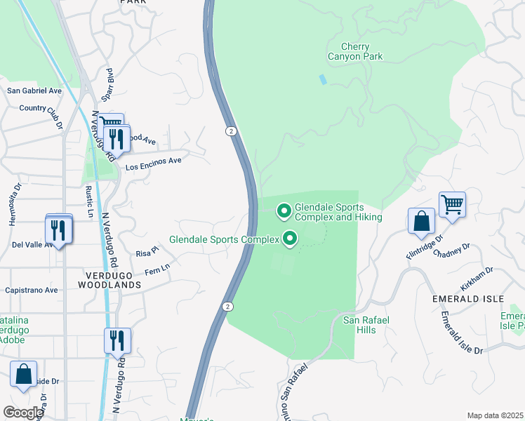 map of restaurants, bars, coffee shops, grocery stores, and more near Pasa Glen Drive in Glendale