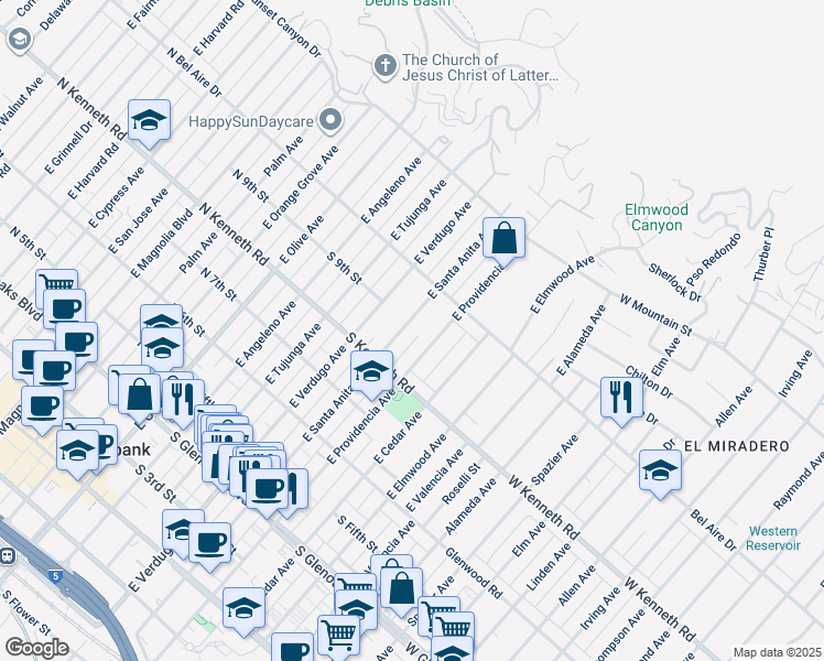 map of restaurants, bars, coffee shops, grocery stores, and more near 838 East Santa Anita Avenue in Burbank