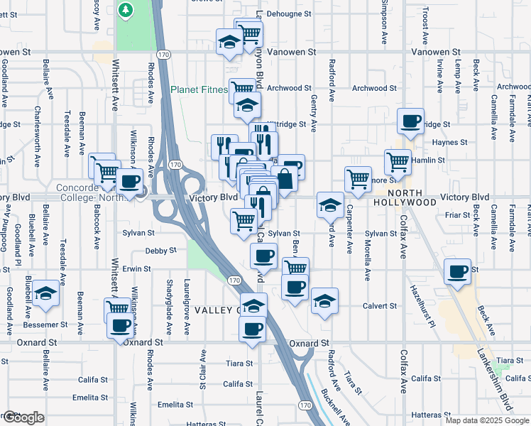 map of restaurants, bars, coffee shops, grocery stores, and more near 6410 Laurel Canyon Boulevard in Los Angeles