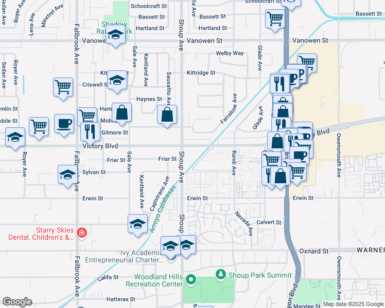 map of restaurants, bars, coffee shops, grocery stores, and more near 22330 Victory Boulevard in Los Angeles