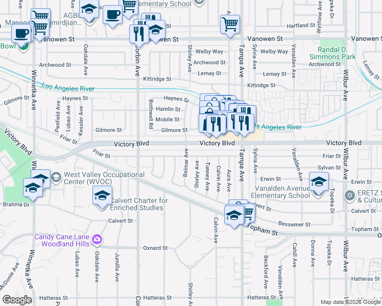 map of restaurants, bars, coffee shops, grocery stores, and more near 19465 Friar Street in Los Angeles